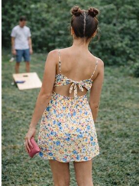 Pink Lily Floral Mini Dress Large Open Back Tie Sundress Resort Vacation Summer